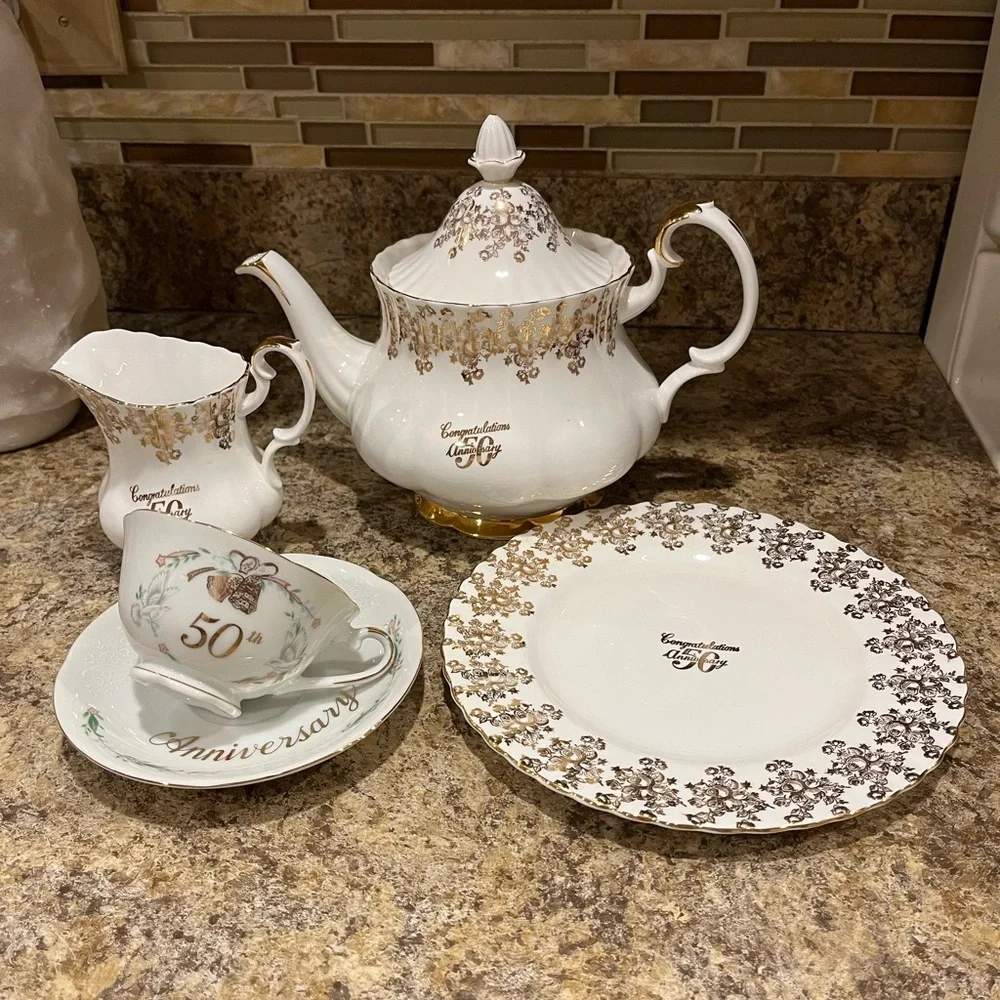 Vintage Royal Albert 50th Anniversary 6 C Teapot, Creamer, Plate, Lefton Tea Cup